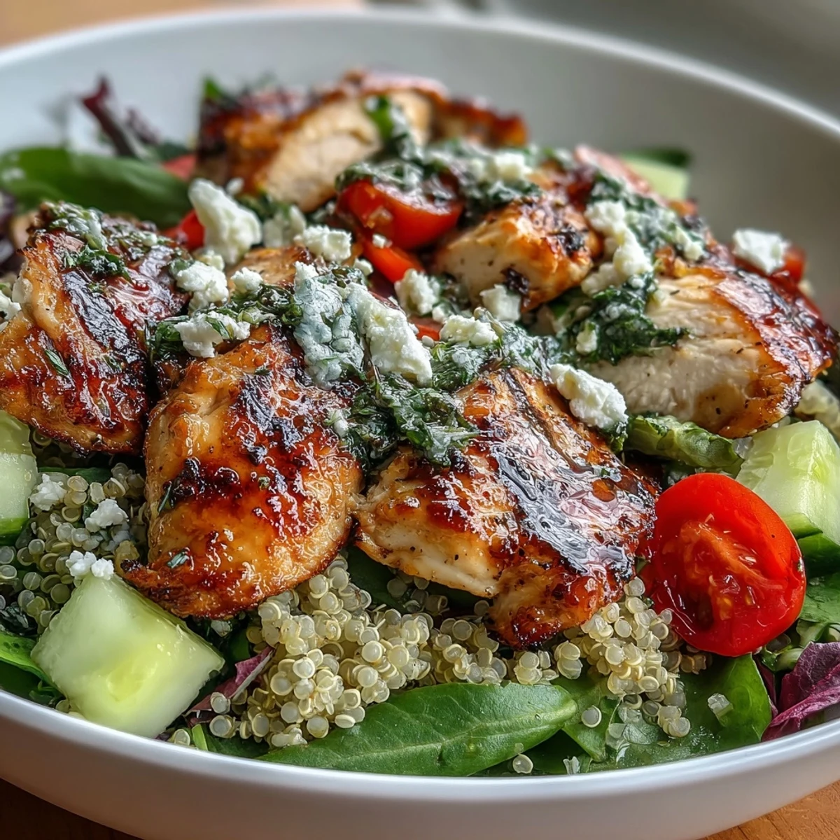 A freshly tossed Lemon Herb Grilled Chicken Salad with Quinoa shows crisp red bell pepper and red onion beside sliced chicken.