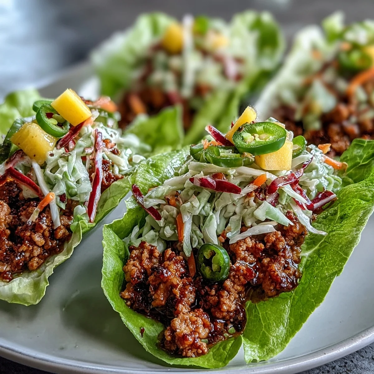 A close-up shows Skinny Spicy Turkey Lettuce Tacos with Mango Slaw, garnished with cilantro and fresh lime wedges.