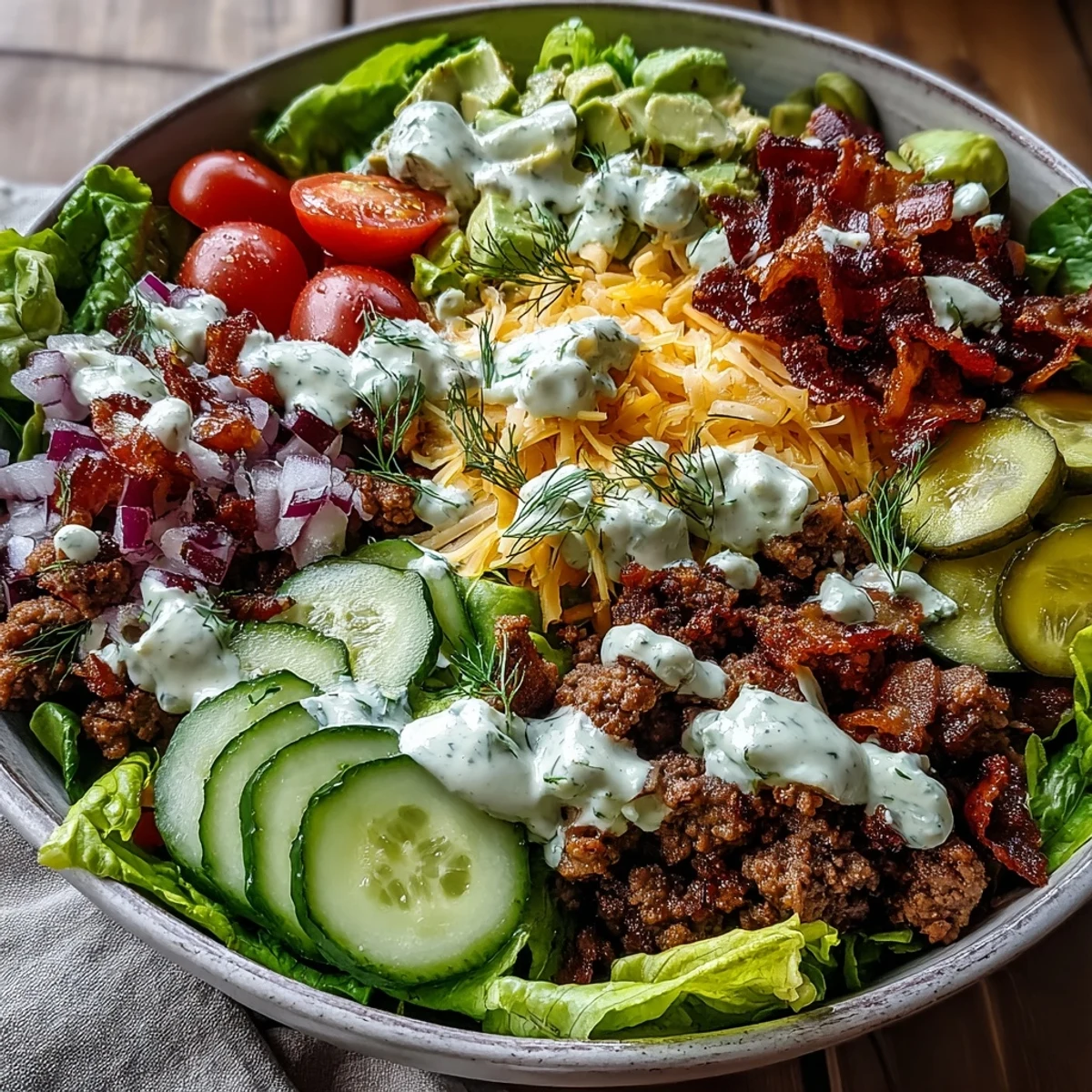 Freshly cooked ground beef and crispy bacon crumble over crisp romaine for this Keto Bacon Cheeseburger Salad.