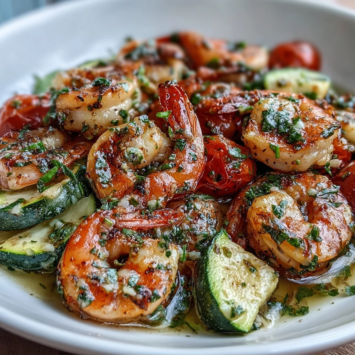 Succulent One-Pan Lemon Butter Shrimp paired with tender green zucchini slices and vibrant red cherry tomatoes.