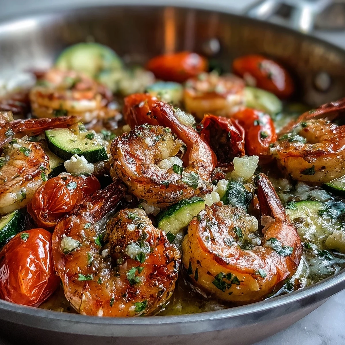 A close-up view of the One-Pan Lemon Butter Shrimp garnished with fresh parsley and served with lemon wedges.