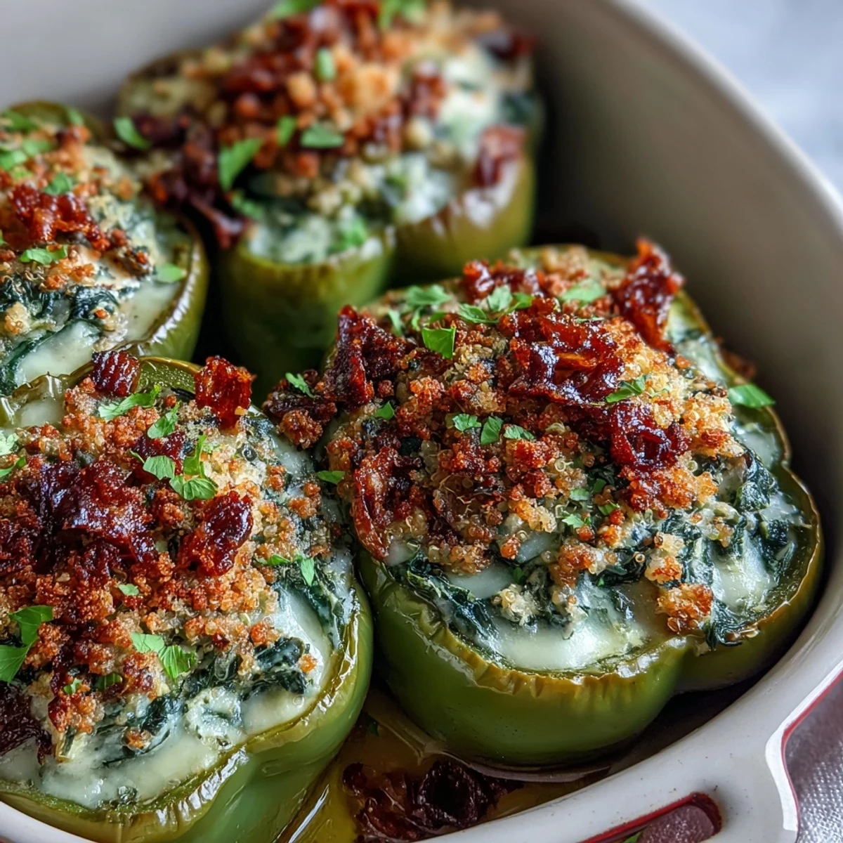 Golden Vegan Spinach and Artichoke Stuffed Peppers topped with crispy breadcrumbs, resting on a white plate next to a green salad. 