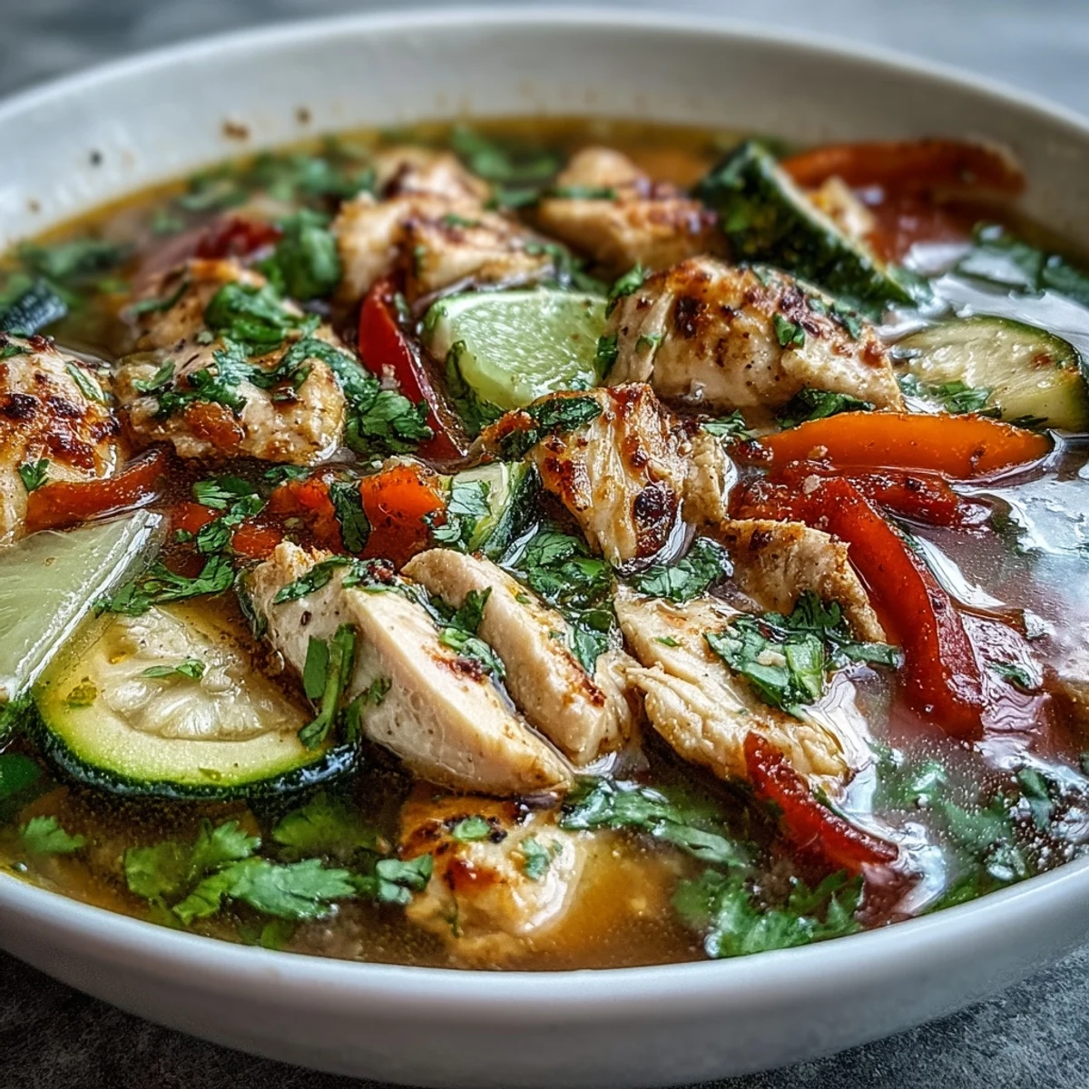 Skinny One-Pot Chicken Fajita Soup with Zucchini and Peppers simmering in a large pot, filled with colorful bell peppers, tender chicken, and fresh zucchini.