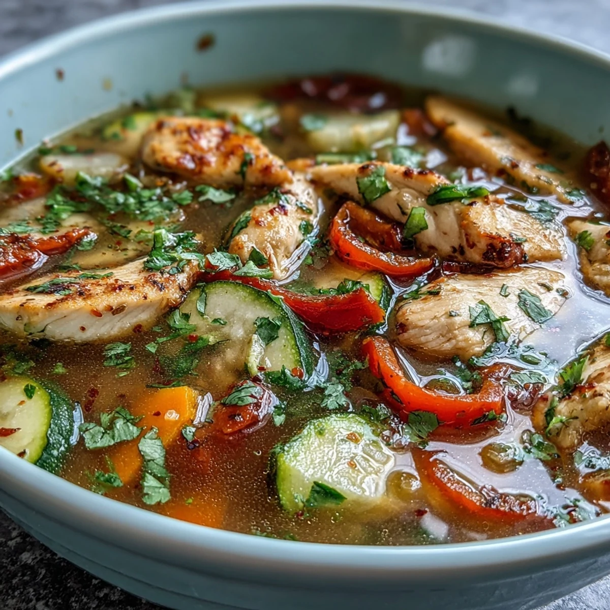 Hearty bowl of Skinny One-Pot Chicken Fajita Soup with Zucchini and Peppers, topped with fresh cilantro and lime, served alongside sliced avocado.