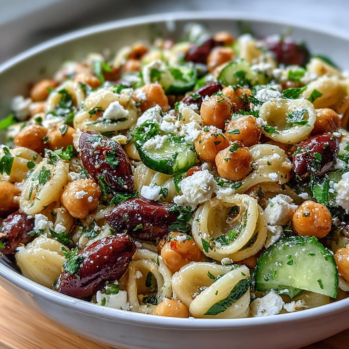 Fresh Mediterranean Chickpea Pasta Salad with Cucumber and Olives: Protein-packed pasta salad featuring tender chickpeas, crunchy cucumber, sweet cherry tomatoes, and creamy feta, all drizzled with a bright lemon-oregano vinaigrette.  