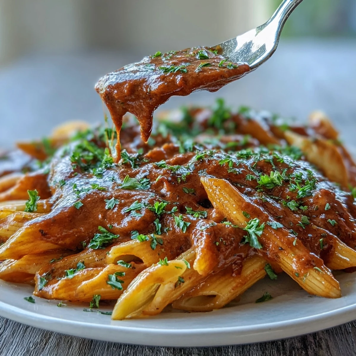 Creamy roasted red pepper pasta with lentils in a dairy-free sauce, garnished with fresh basil and vegan parmesan.