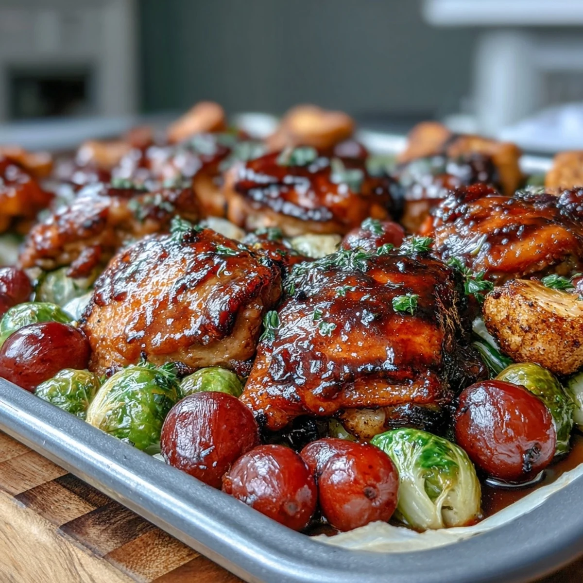 Tender balsamic chicken paired with golden Brussels sprouts and sweet roasted grapes on a single sheet pan.