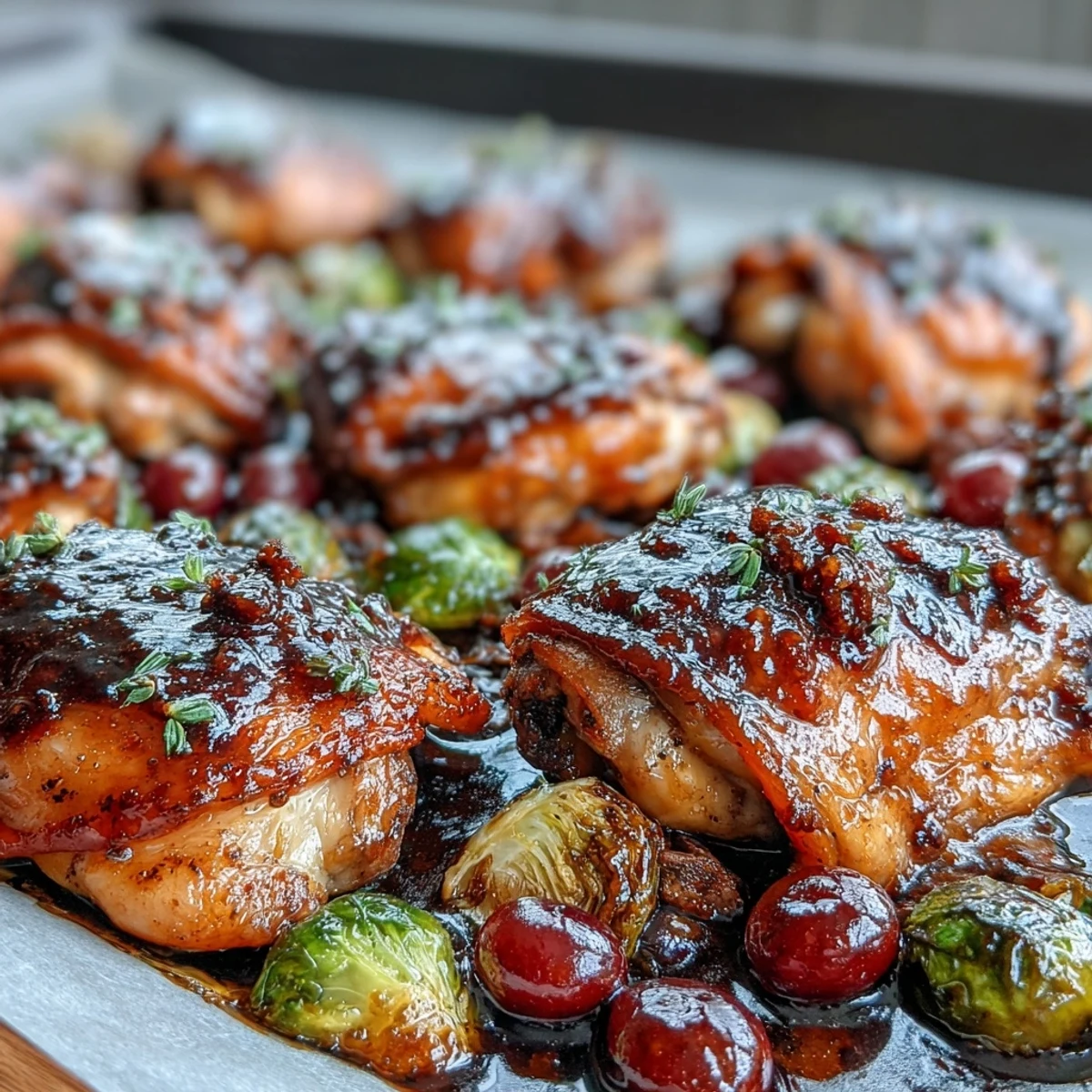 Savory balsamic chicken with crispy Brussels sprouts and juicy grapes, roasted to perfection for an easy dinner.