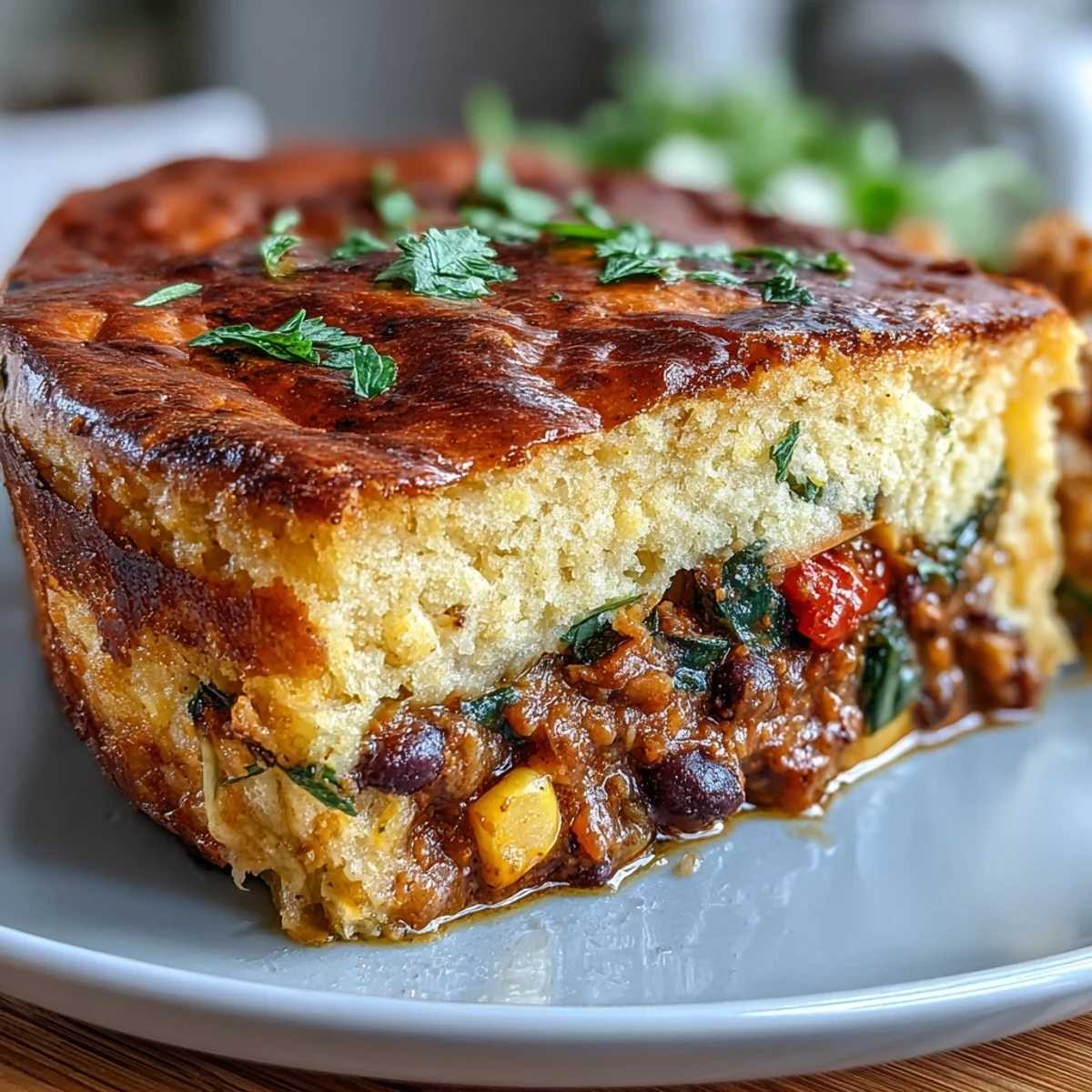 Comforting vegan taco pot pie featuring black bean filling under a golden cornbread crust, baked until perfectly crisp and savory.