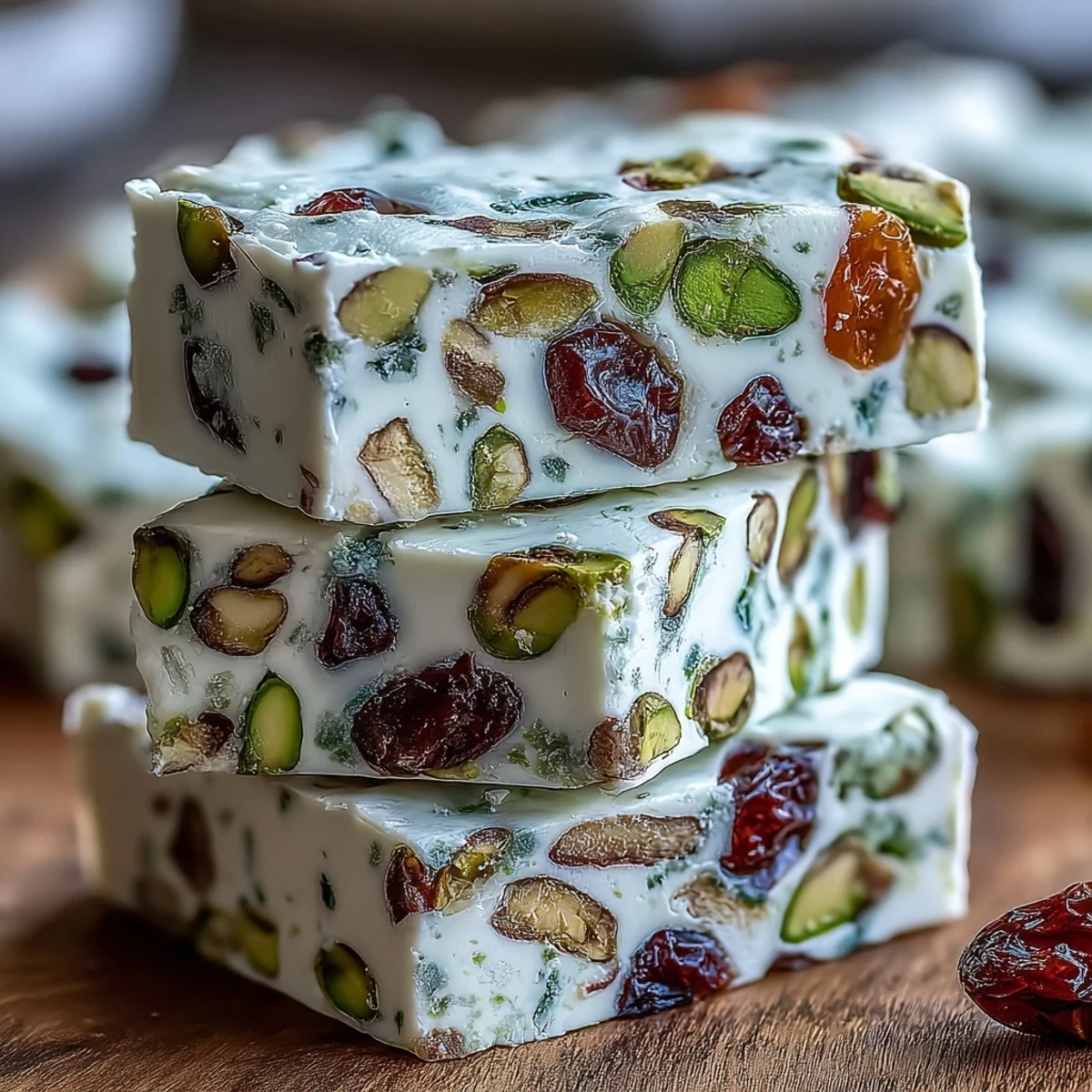 Golden honey-sweetened nougat candy loaded with crunchy pistachios and colorful dried fruits, beautifully wrapped for a gourmet treat.