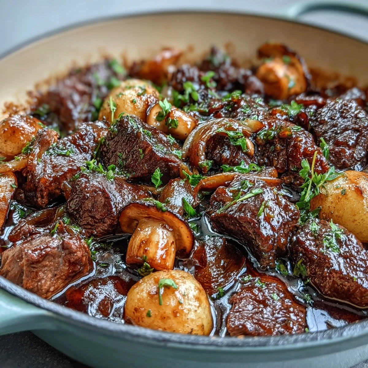 Hearty Wild Mushroom Beef Bourguignon with tender beef, rich red wine sauce, and golden sautéed wild mushrooms.  