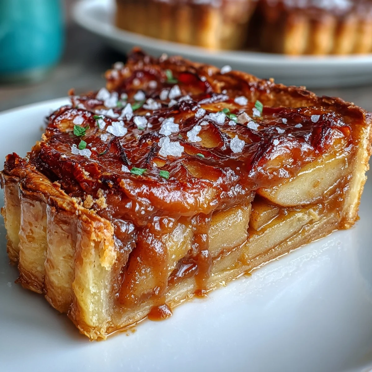Golden salted caramel apple tart with tender spiced apples and flaky sea salt atop a buttery crust.