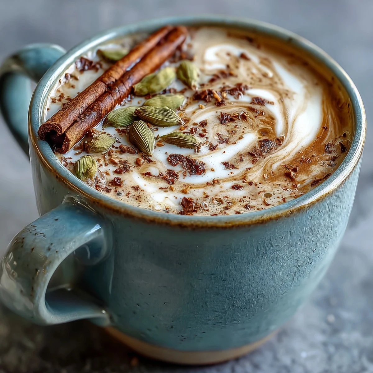 A steaming mug of cardamom chai latte with frothy milk and a sprinkle of cinnamon, perfect for cozy mornings.