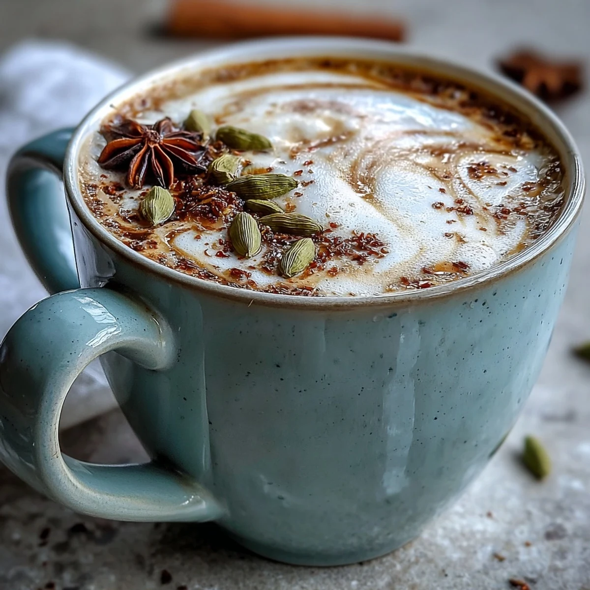 Rich and aromatic cardamom chai latte with whole spices and creamy milk, served in a rustic ceramic mug.