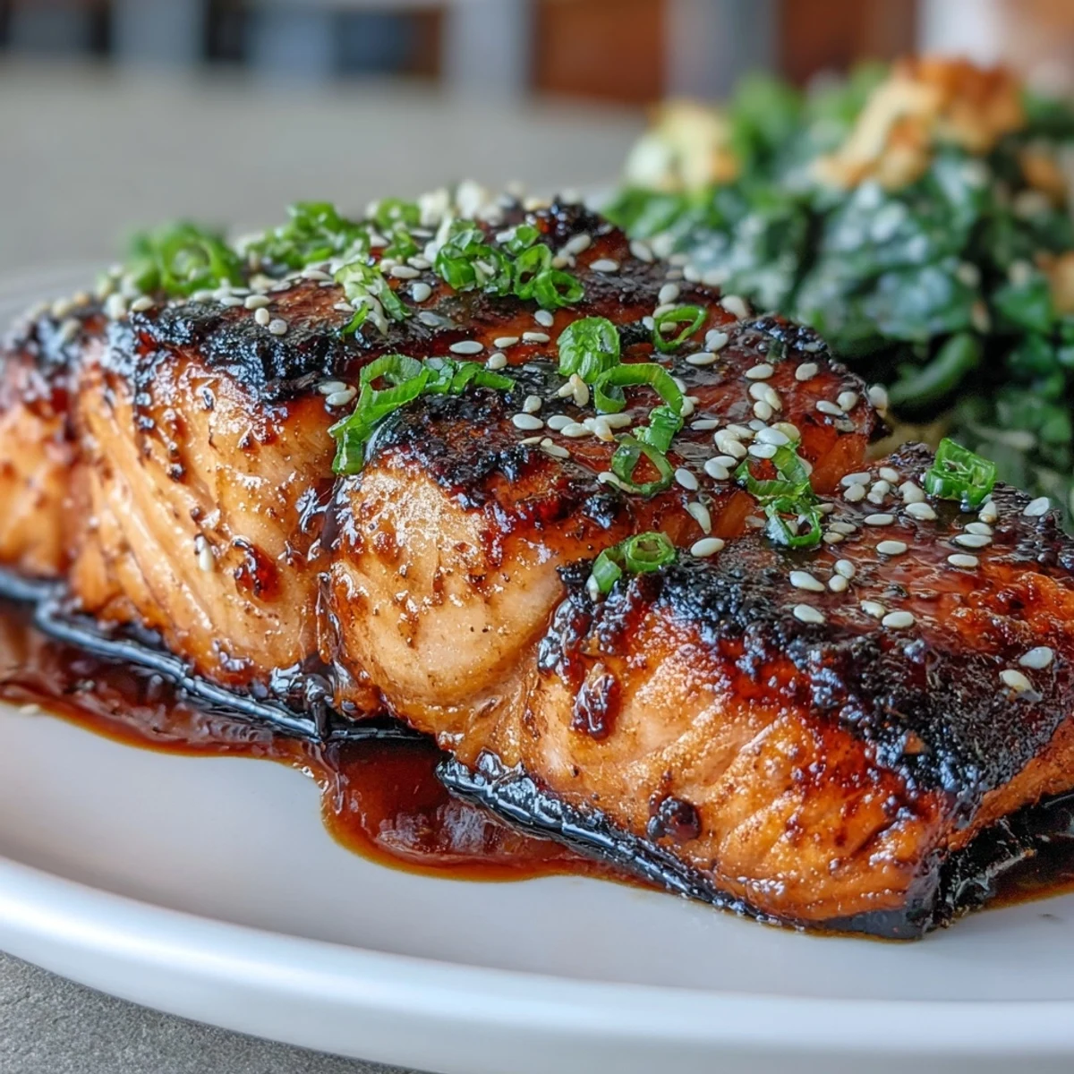 1. Juicy salmon fillets glazed with sweet teriyaki sauce, baked until tender and topped with toasted sesame seeds for a flavorful main course.  