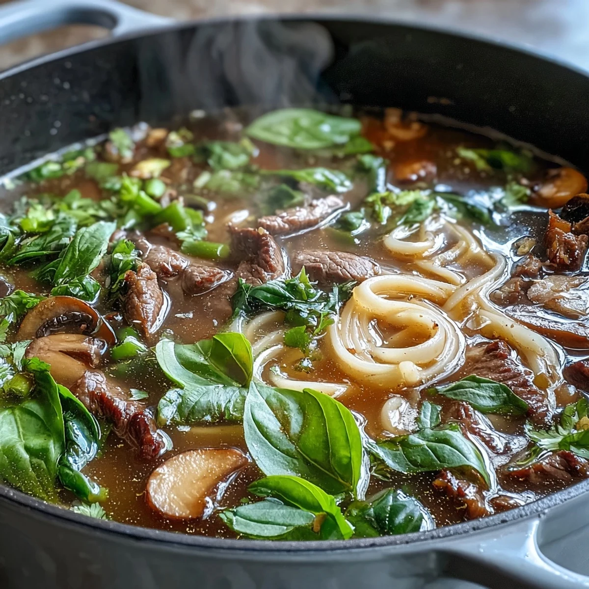 Aromatic Asian hot pot noodle feast with tender beef, fresh vegetables, and rice noodles simmering in fragrant broth at the table.