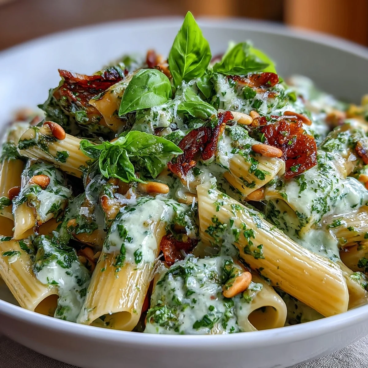 Cream cheese pesto pasta with fresh basil, toasted pine nuts, and Parmesan in a creamy sauce.