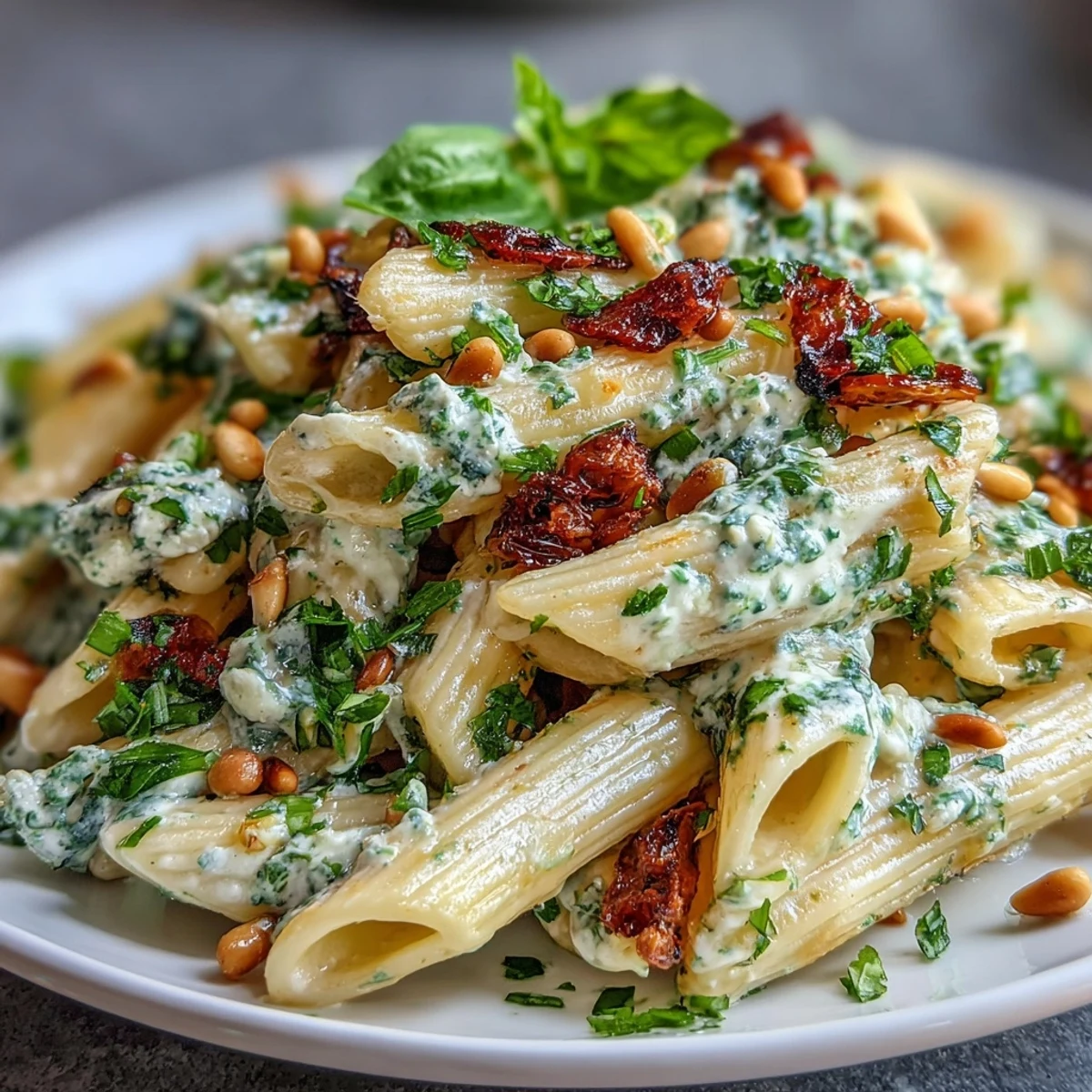Vibrant cream cheese pesto pasta dish topped with basil leaves and extra Parmesan cheese.
