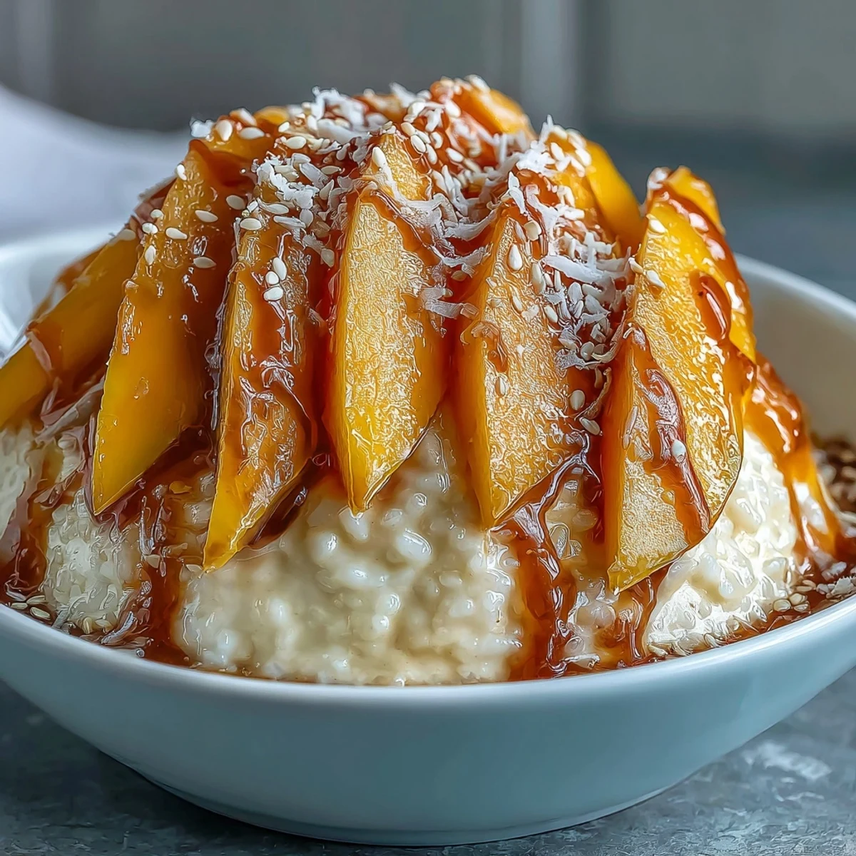 A bowl of fragrant mango sticky rice with ripe mango slices and a drizzle of creamy coconut sauce.