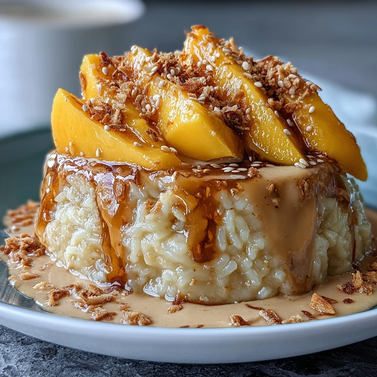 Sweet coconut milk-soaked sticky rice served with golden mango slices, garnished with toasted sesame seeds.