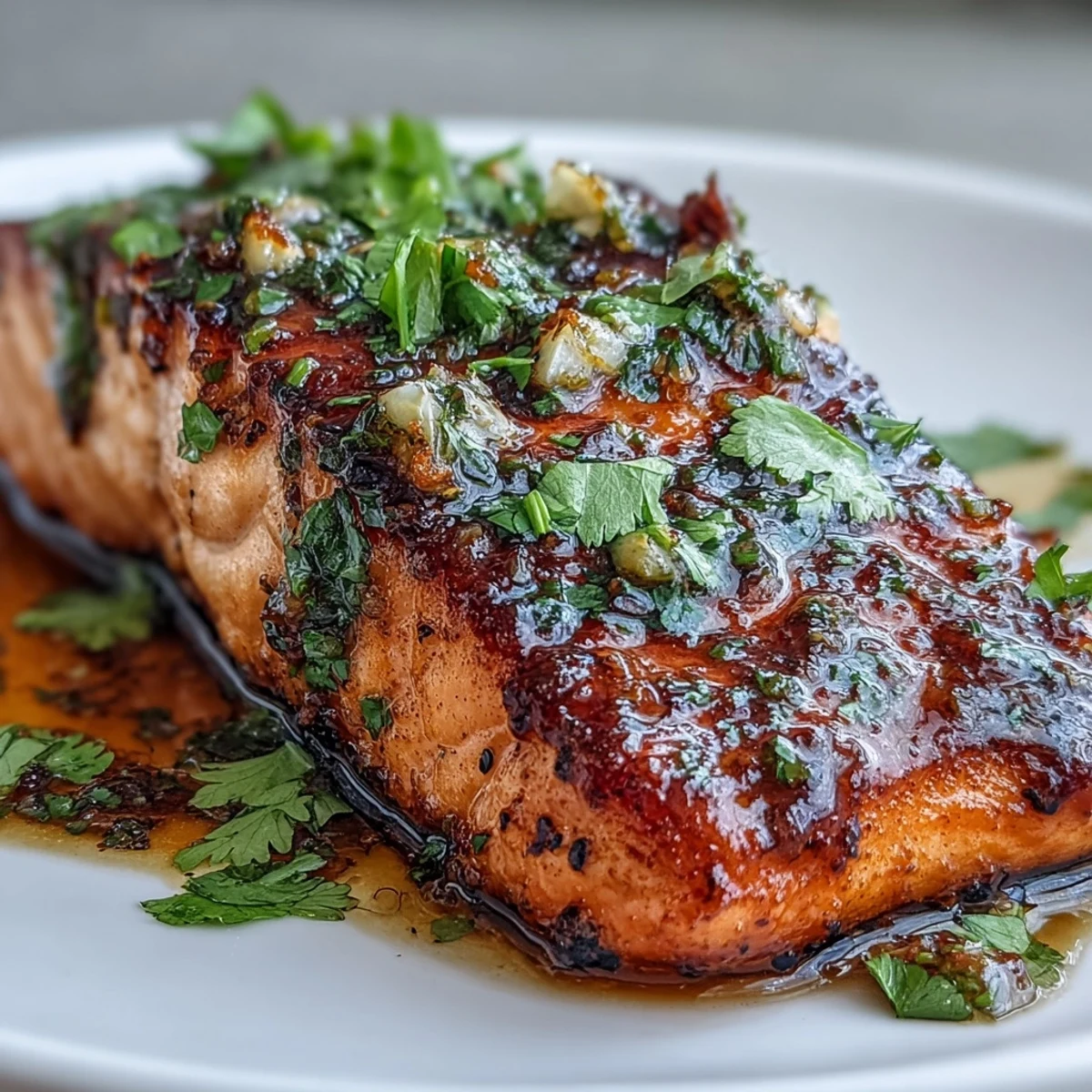 Baked salmon glazed with honey-lime garlic butter, tender and caramelized, garnished with fresh cilantro and lime slices.