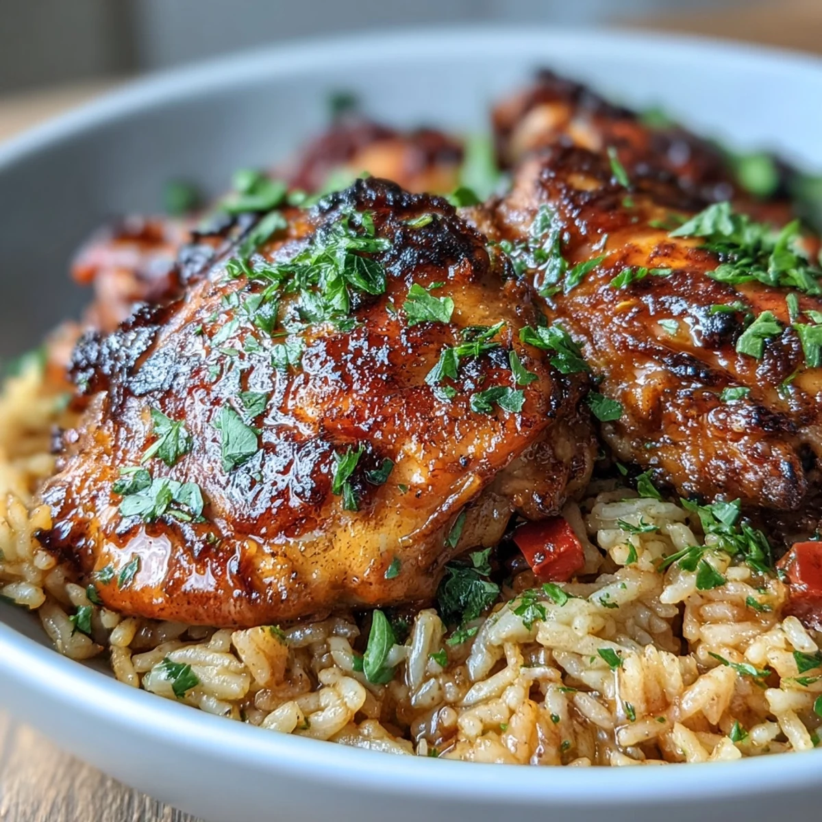 Spicy, golden-brown chicken thighs rest atop fluffy basmati rice, infused with paprika, garlic, and turmeric in a vibrant Portuguese feast.  
