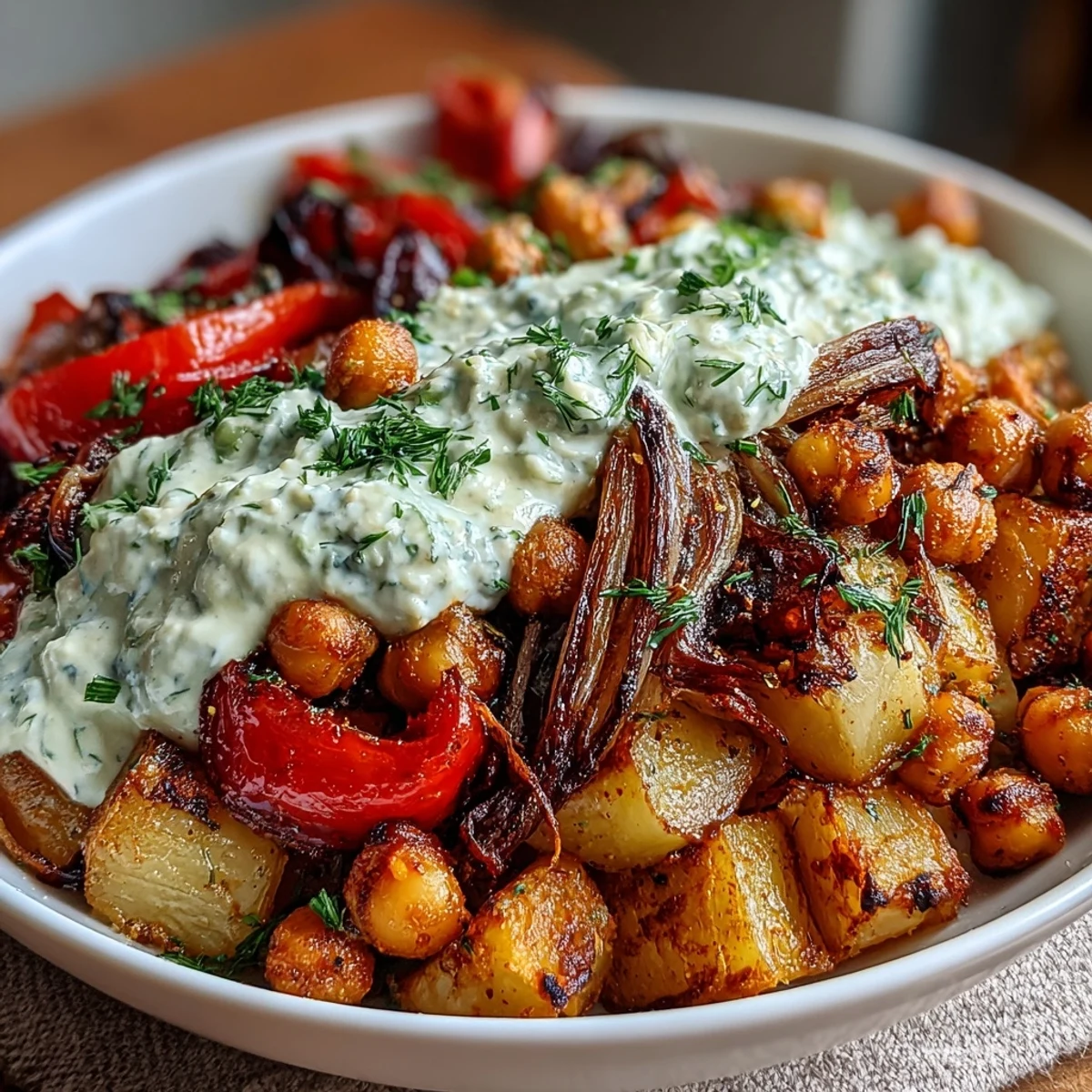 Wholesome roasted vegetables and chickpeas with fresh tzatziki, showcasing classic Mediterranean flavors and textures.