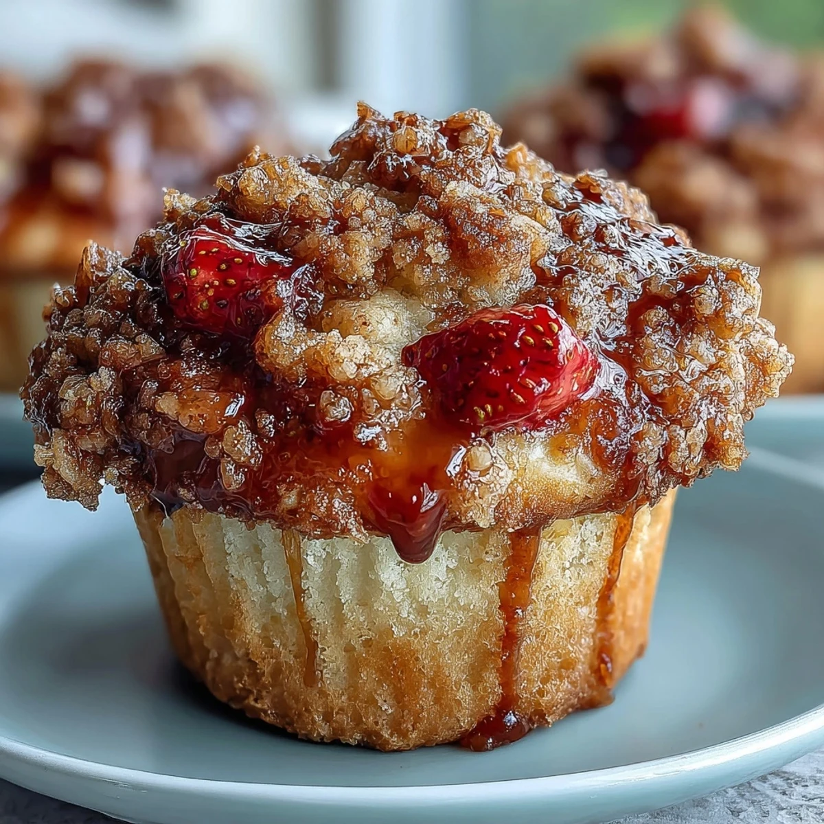 Golden strawberry sourdough muffins with crumb topping, bursting with fresh berries and a buttery cinnamon streusel.