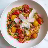One-pan creation: golden pasta mingled with vibrant tomatoes defines this Cozy Fireplace Pasta dish.