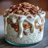 Spoons scooping into fluffy oats layered with warm cinnamon spice and a sweet cream cheese-style drizzle in a glass jar.