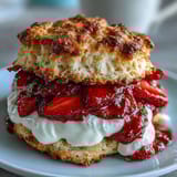Fresh strawberry scone shortcakes layered with vanilla yogurt and ripe berries.  