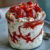 Layered strawberry swirl overnight oats with Greek yogurt, a healthy breakfast with fresh fruit and chia seeds.