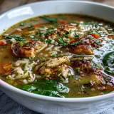 Wholesome chicken and rice soup loaded with fresh vegetables, aromatic herbs, and lean protein for a nourishing meal.  