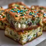 Festive St. Patrick's Day Rainbow Cookie Bars with white chocolate chips and colorful sprinkles in every buttery bite.
