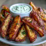 Air-fried sweet potato fries dusted with smoked paprika, paired with zesty garlic aioli for a flavorful snack.  