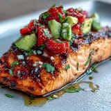 Fresh salmon fillets grilled to perfection and served with a colorful strawberry avocado salsa bursting with flavor.  