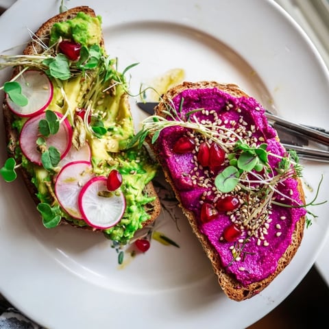 Vibrant Bright & Bold Breakfast Toasts topped with ube spread and fresh garnishes.