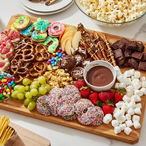 Colorful dessert boards with sweet treats and fruits for festive gatherings.  
