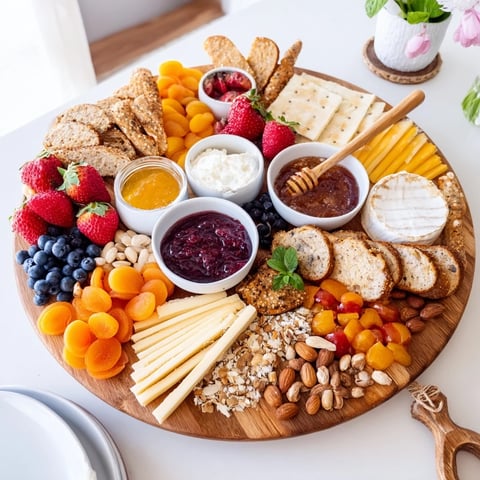 A stunning jam-infused brunch board showcasing vibrant fruits, artisan cheeses, and toasted baguette.  