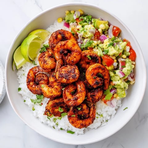 Spicy blackened shrimp bowl with creamy avocado corn salsa and fluffy rice.  