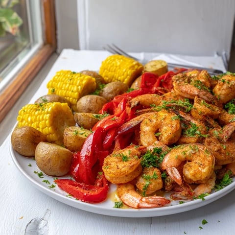Spicy Cajun shrimp and sweet corn platter, bursting with vibrant summer flavors.  