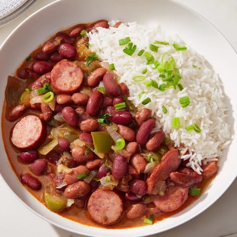 Steaming bowl of Red Beans & Rice, a hearty Creole meal with sausage and flavorful broth.