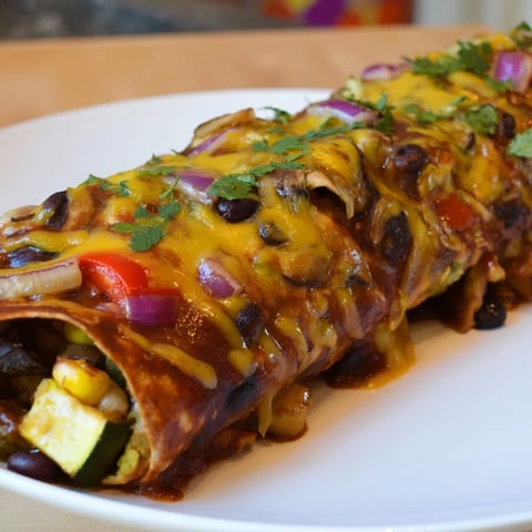 Farmers Market Vegetarian Enchiladas bubbling with cheese and a vibrant, freshly-cooked vegetable filling.
