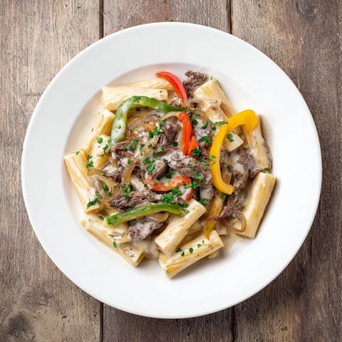 Steaming Philly Cheese Steak Pasta, with visible beef, peppers, onions, and a rich, creamy cheese sauce.