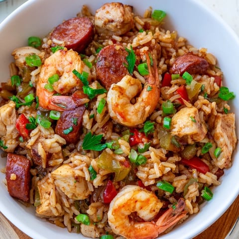 Steaming Cajun Jambalaya rice bowl, featuring a colorful medley of rice, sausage, and shrimp.