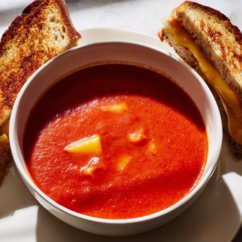Steaming bowl of 5-Ingredient Tomato Soup beside perfect golden grilled cheese ready for dipping.