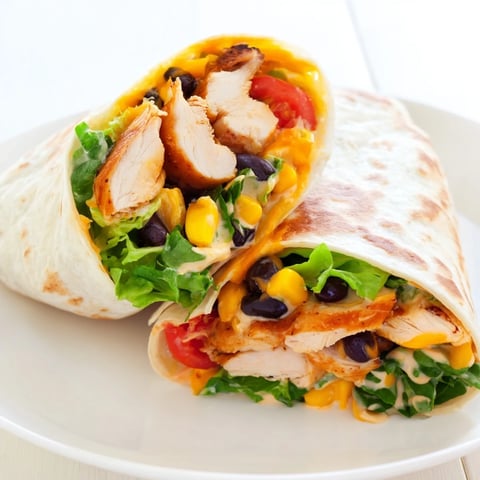 A delicious Southwest Chicken Wrap, filled with savory chicken and fresh, colorful vegetables.
