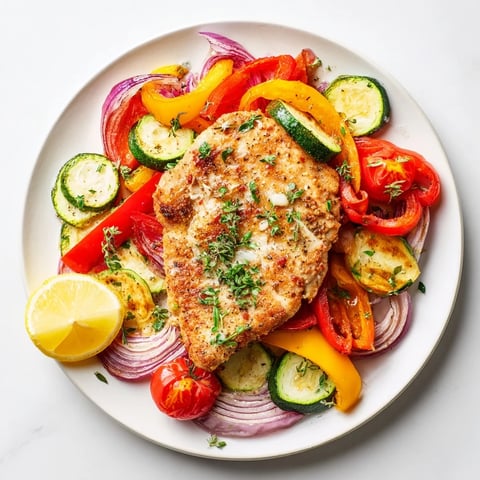 Sheet pan lemon oregano chicken cutlets with roasted vegetables, a healthy Mediterranean meal.