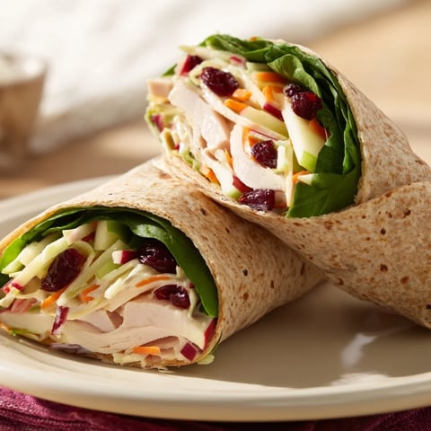 Vibrant cranberry apple slaw topping a turkey wrap, drizzled with creamy Greek yogurt dressing.