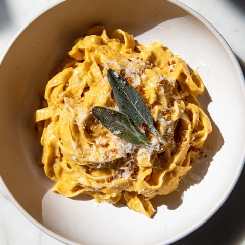 A warm bowl of Healthy Creamy Pumpkin Sage Pasta, ready to serve with Parmesan.
